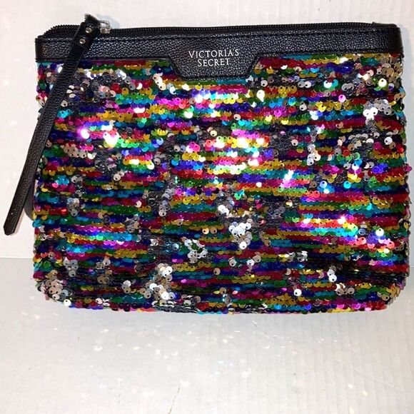 VICTORIAS SECRET Makeup Cosmetic Stripe Sequin Clutch Bag Rainbow 10 x 7.5 x 2 " - Picture 3 of 10